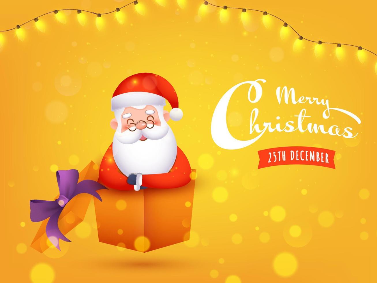 Merry Christmas Celebration Concept with Cute Santa Claus Inside a Gift Box and Illuminated Lighting Garland on Yellow Bokeh Background. vector