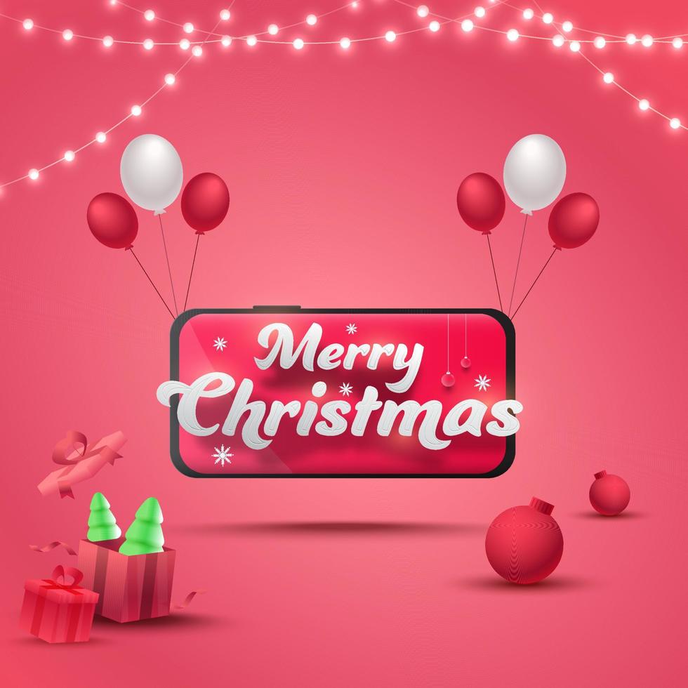 Merry Christmas Text In Smartphone With Glossy Balloons, Gift Boxes And Lighting Garland Decorated Pink Background. vector