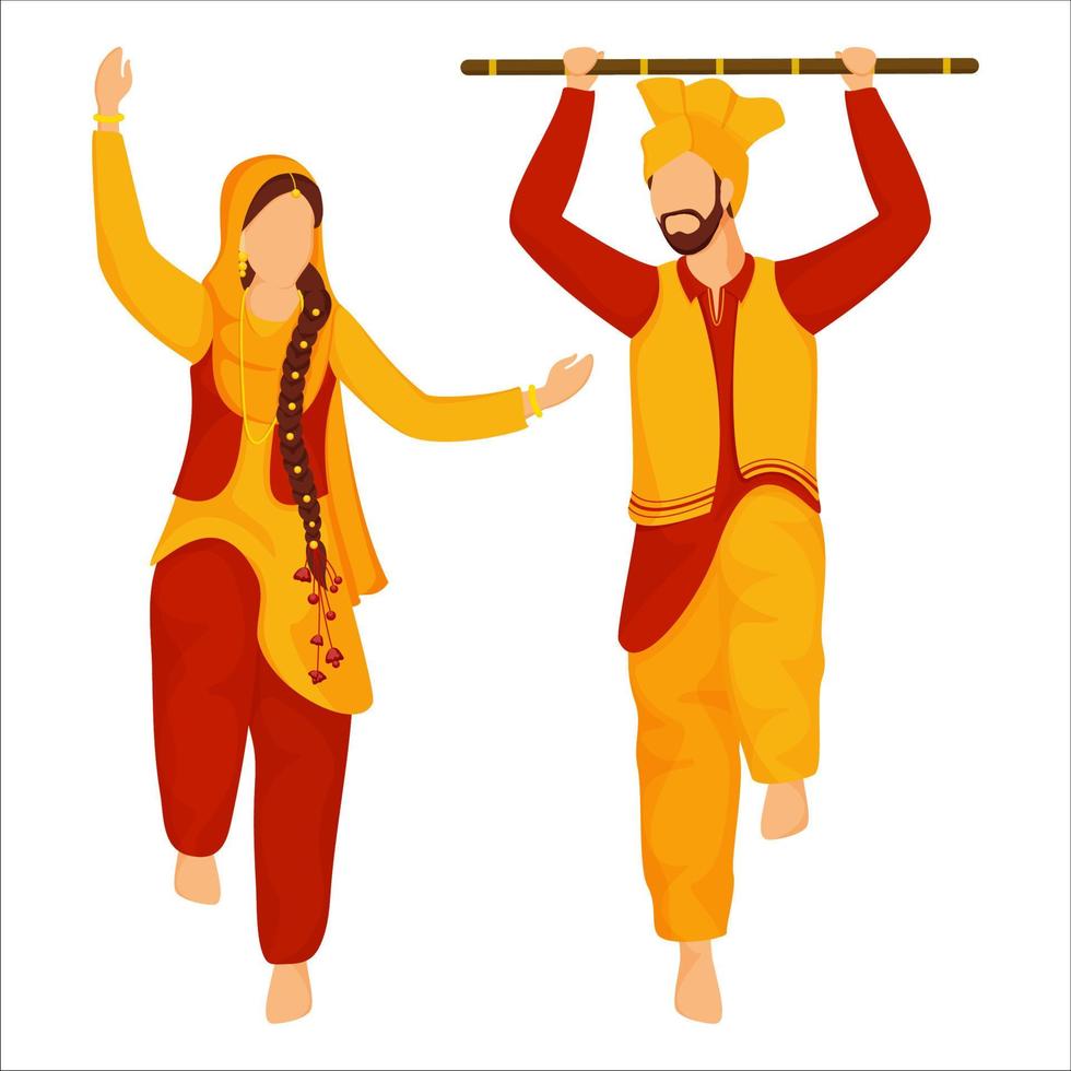 sijismo o punjabi Pareja haciendo bhangra o gente danza con palo en blanco antecedentes. vector