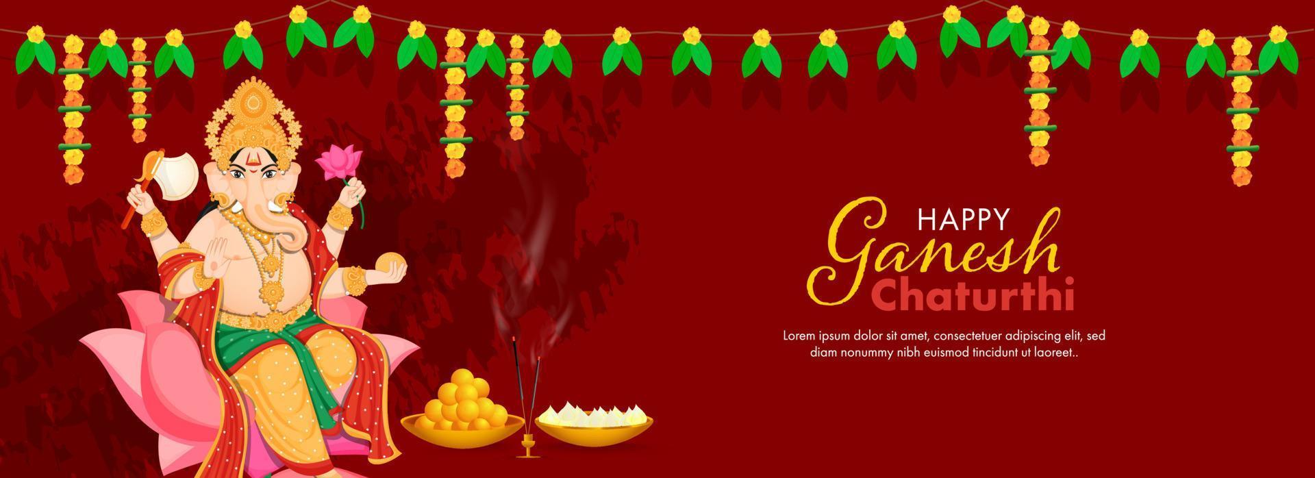 Happy Ganesh Chaturthi Header Or Banner Design With Lord Ganesha Statue, Incense Holder, Laddu And Modak In Bowls On Red Background. vector