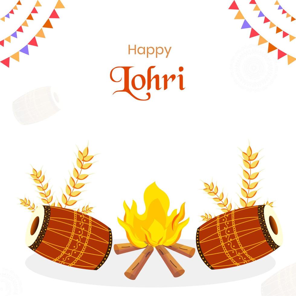 Happy Lohri Celebration Poster Design With Bonfire, Wheat Ears And Dhol Illustration On White Background. vector