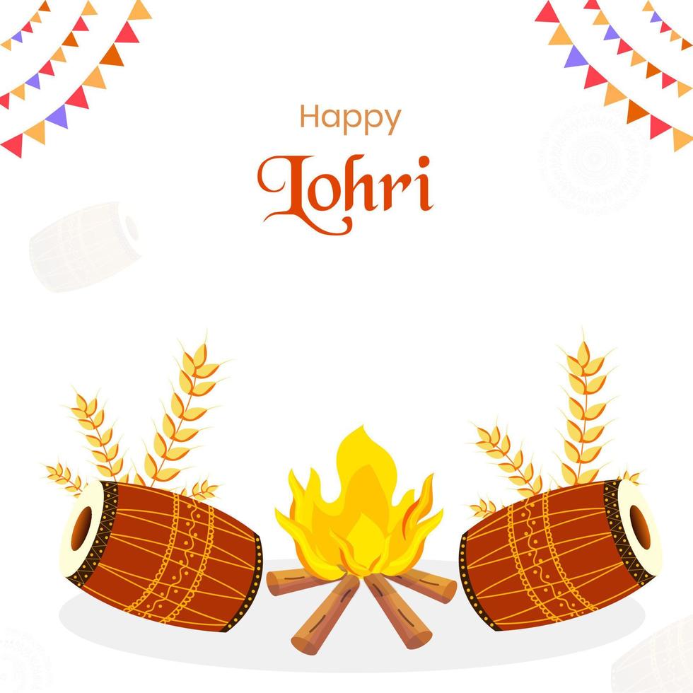 contento lohri celebracion póster diseño con hoguera, trigo orejas y dhol ilustración en blanco antecedentes. vector