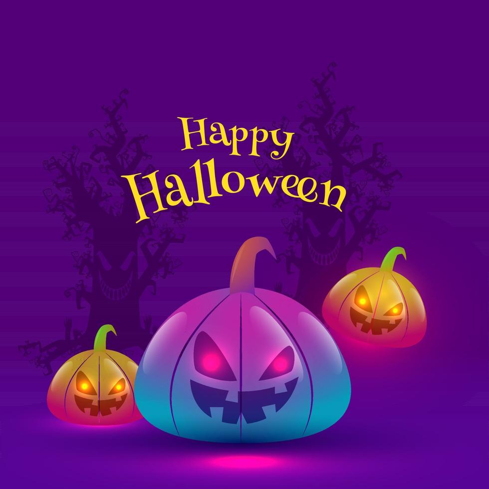 contento Víspera de Todos los Santos texto con jack-o-lanterns en degradado luces efecto y escalofriante arboles en púrpura antecedentes. vector