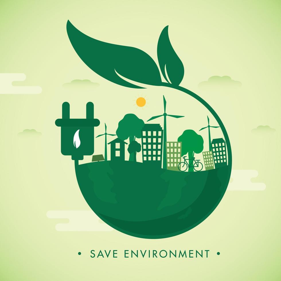 Illustration of Half Green City Globe with Eco Plug for Save Environment Concept. vector