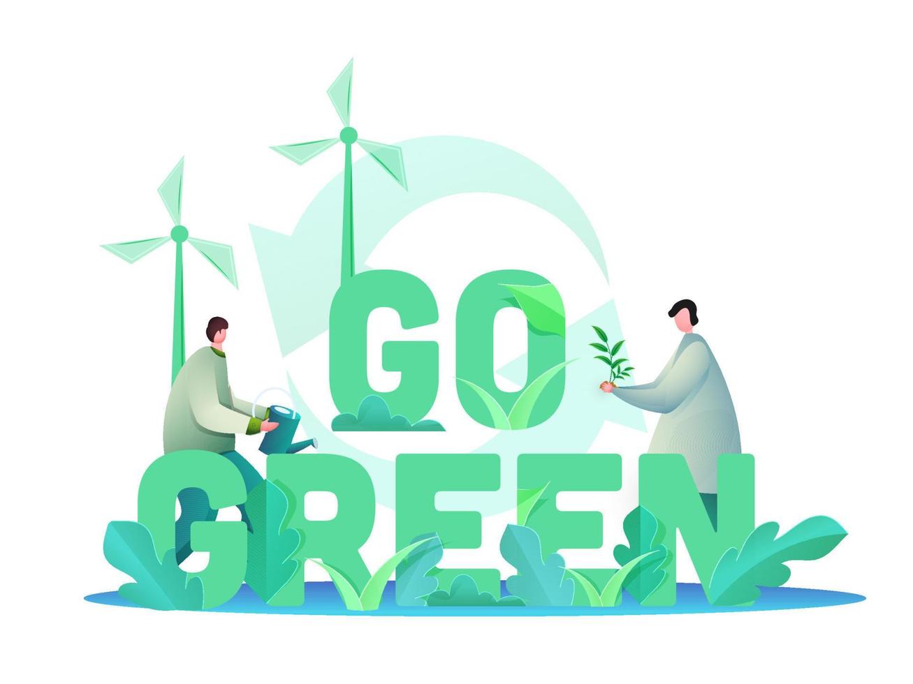 Go Green Text Decorated with Paper Leaves, Windmills and Cartoon Men Gardening on White Background. vector