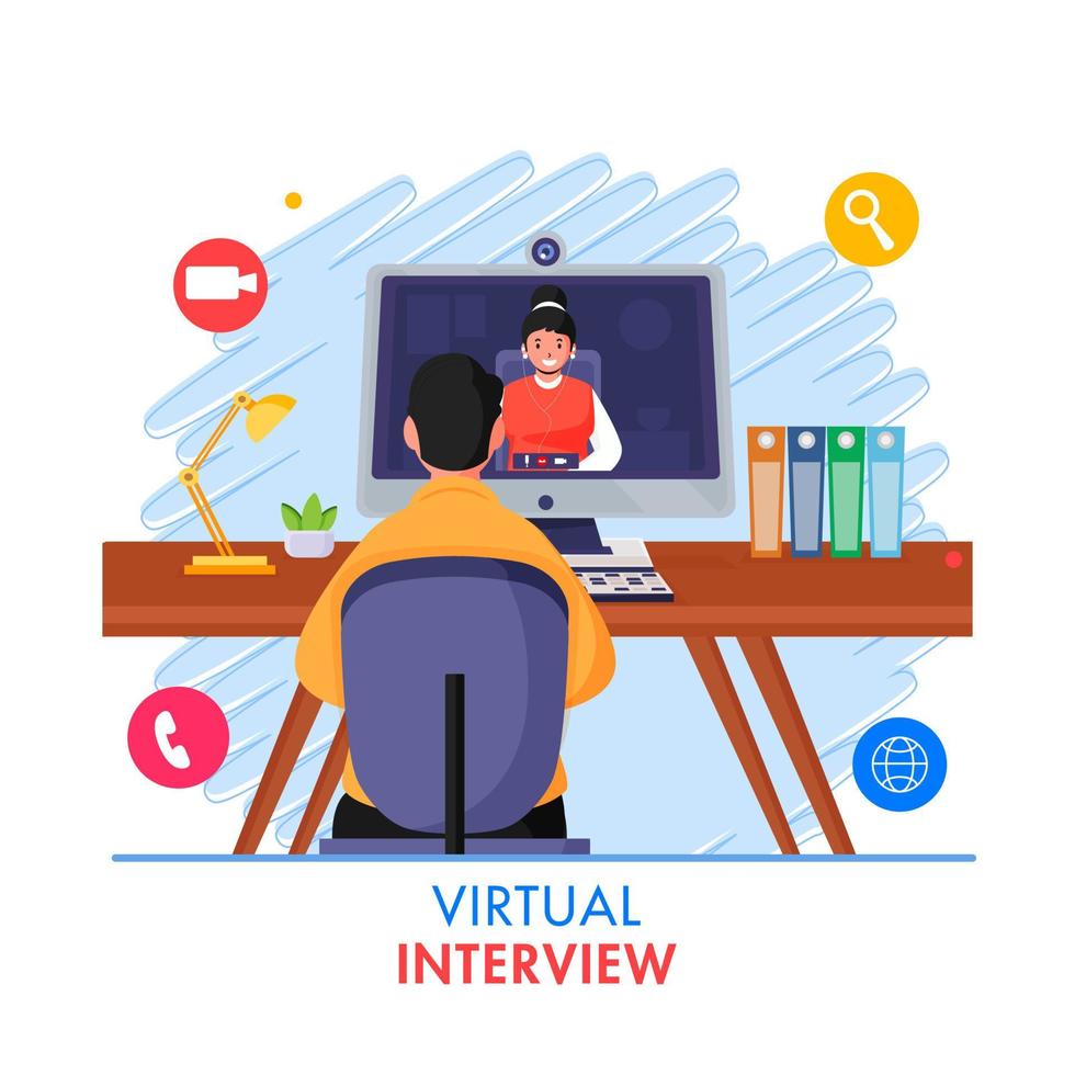 Back View Of Businessman Having Video Calling From Woman In Computer For Virtual Interview Concept. vector