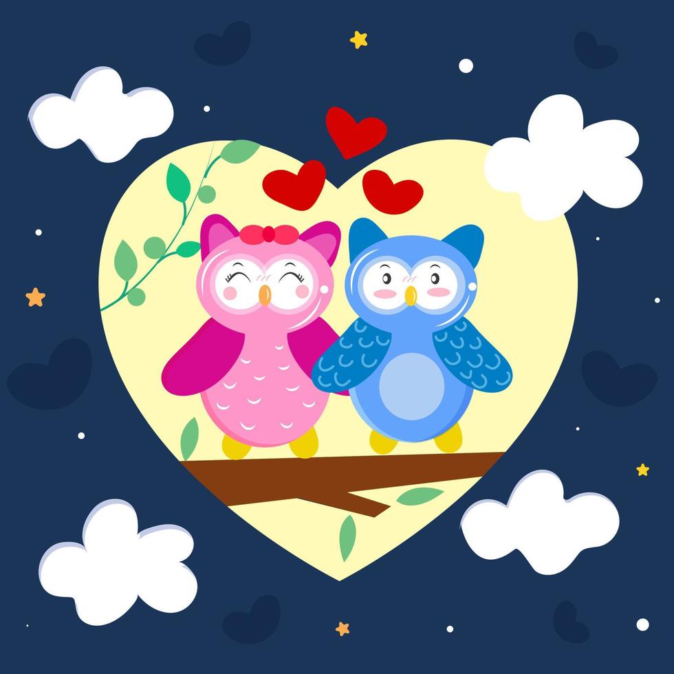 Pink and Blue Owls Couple Sit on Tree Branch with Clouds for Love or Valentine's Day. vector