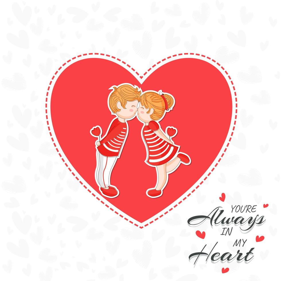 Sticker Style Kids Couple Kissing in Heart Shape with Love Quotes You're Always In My Heart on White Background. vector