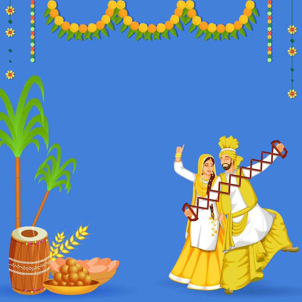 punjabi Pareja bailando con savia instrumento, dhol, trigo orejas, Caña de azúcar y dulce cuenco en azul antecedentes. vector