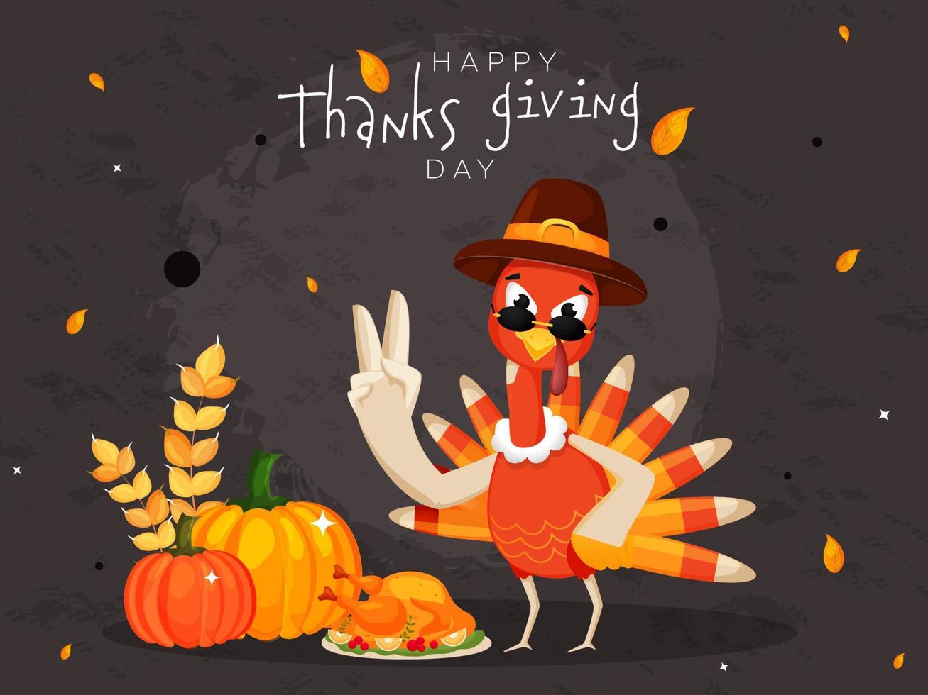 Cartoon Turkey Bird Wearing Pilgrim Hat with Food Elements and Leaves Falling on Grey Grunge Background for Happy Thanksgiving Day. vector