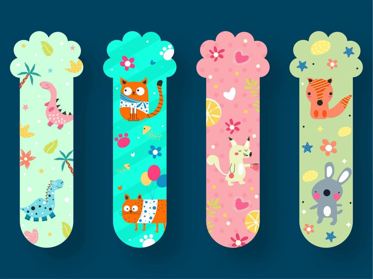 Colorful Printable Bookmarks with Animals, Flowers and Balloons. vector