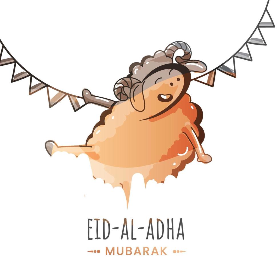 Cartoon Funny Sheep in Watercolor Effect with Bunting Flags on White Background for Eid-Al-Adha Mubarak. vector