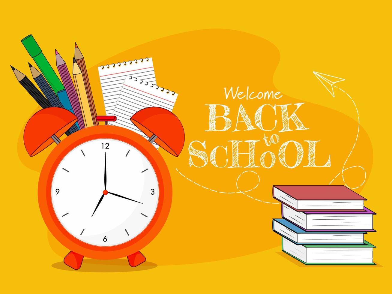 Handwritten Welcome Back To School Text with Education Supplies Elements on Orange Background. vector