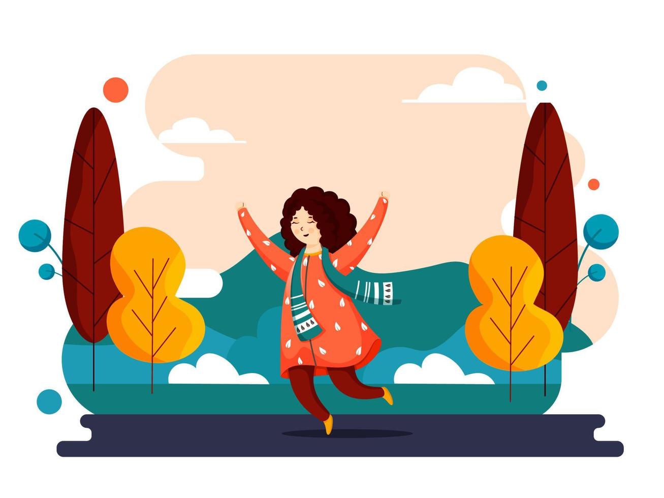 Illustration of Cute Girl Jumping on Abstract Nature View Background. vector