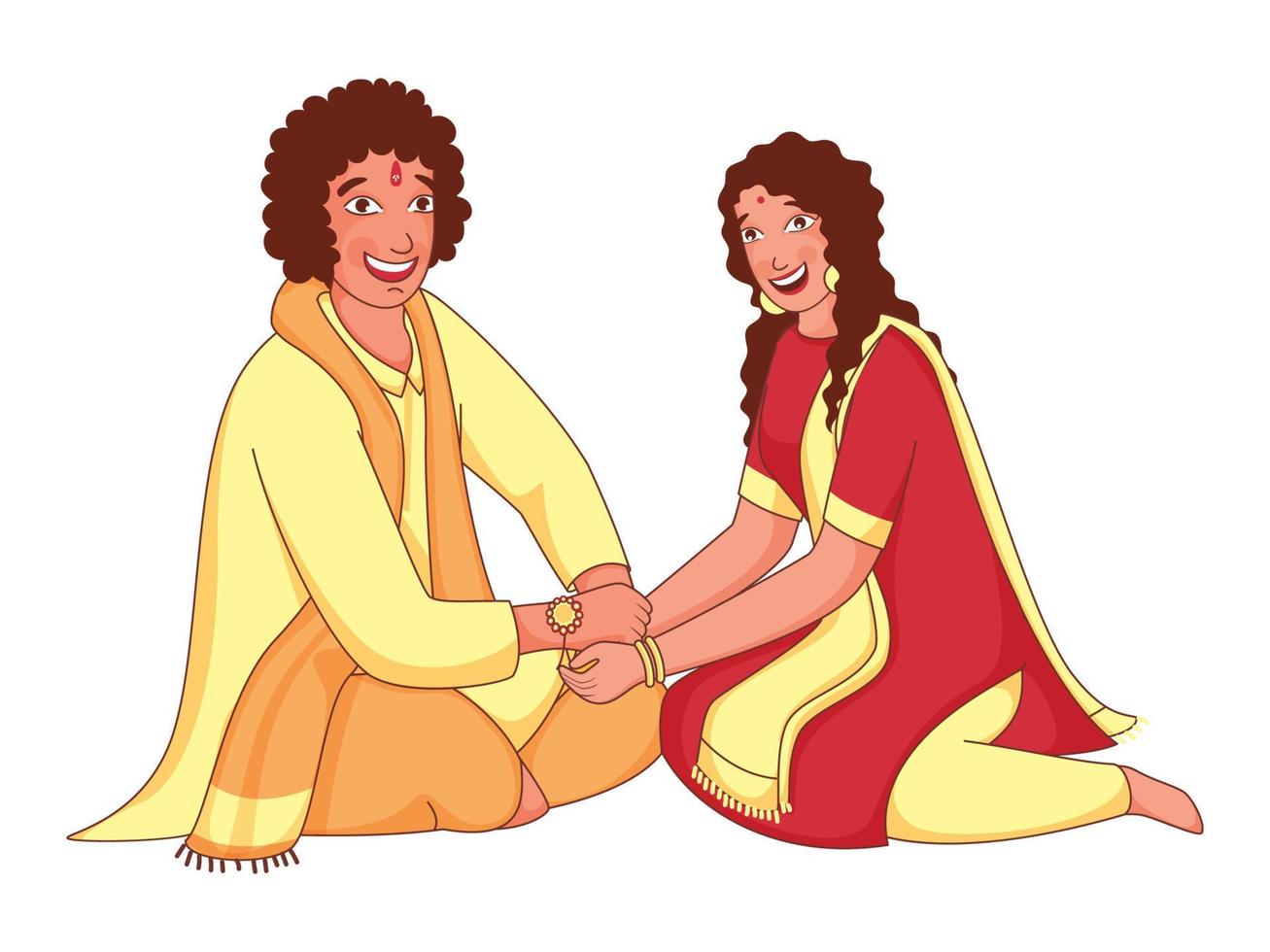 Illustration Of Young Girl Tying Rakhi On Her Brother Wrist For Raksha Bandhan Celebration. vector