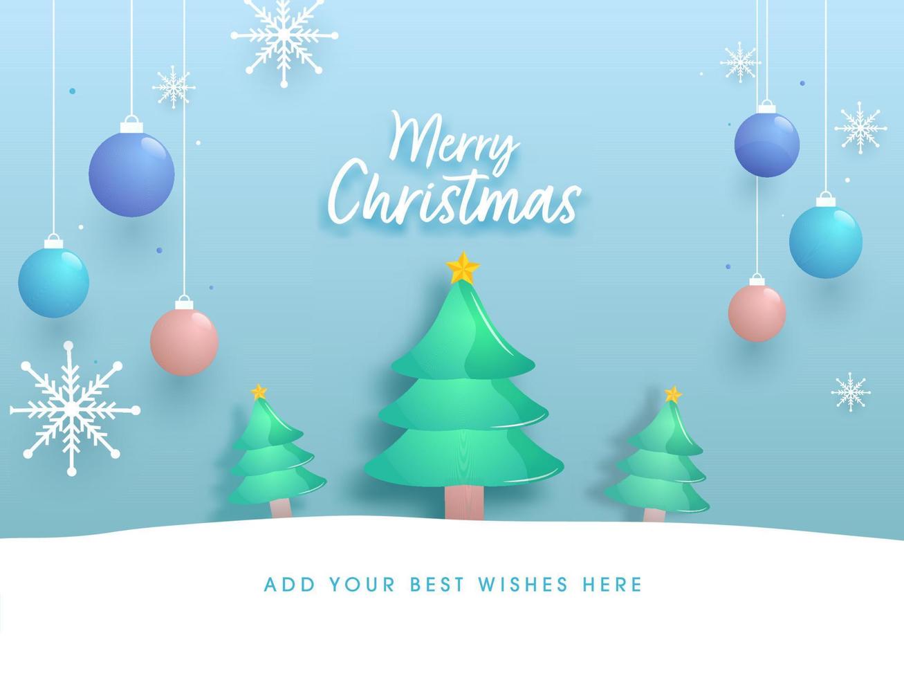 Merry Christmas Font With Glossy Xmas Trees, Hanging Baubles, Snowflakes Decorated On Blue And White Background. vector
