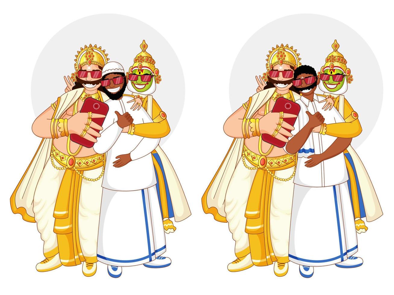 Illustration of King Mahabali, Kathakali Dancer, Muslim Man, South Indian Man Taking Selfie Together in Two Option. vector