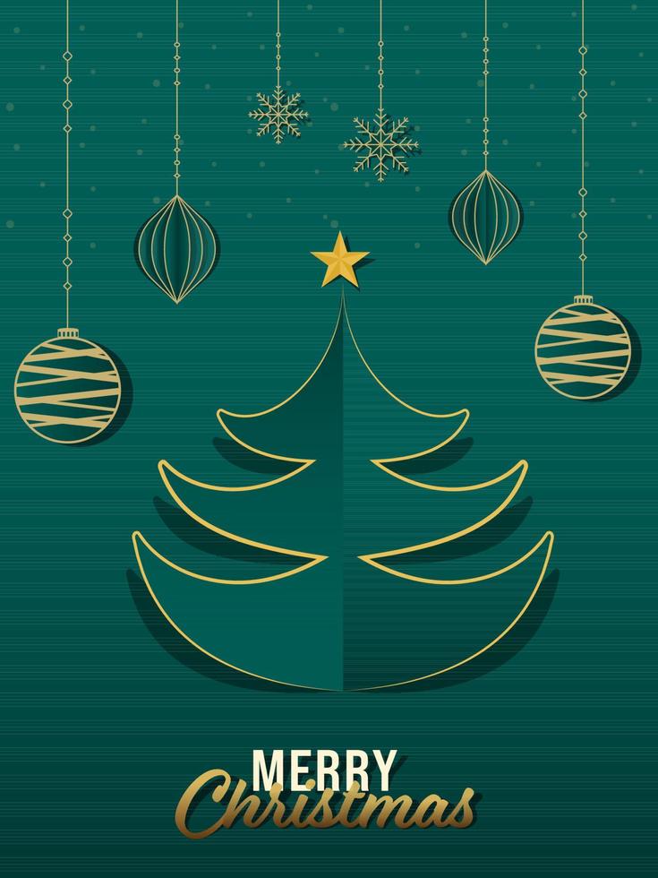 papel cortar Navidad árbol con dorado estrella, colgando adornos y copos de nieve en verde antecedentes para alegre Navidad celebracion. vector