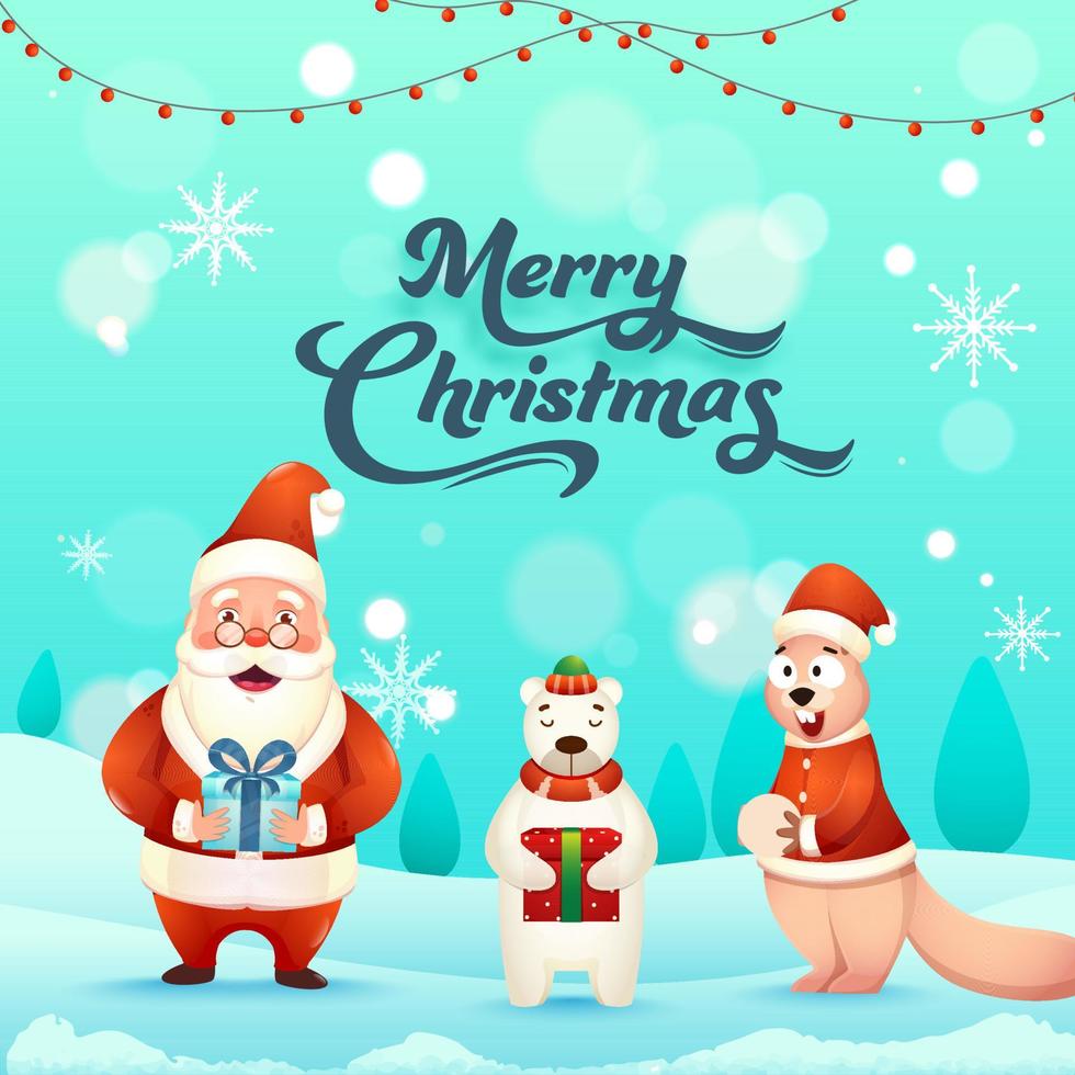 ilustración de Papa Noel claus con polar oso participación regalo caja y dibujos animados ardilla en turquesa invierno antecedentes para alegre Navidad. vector