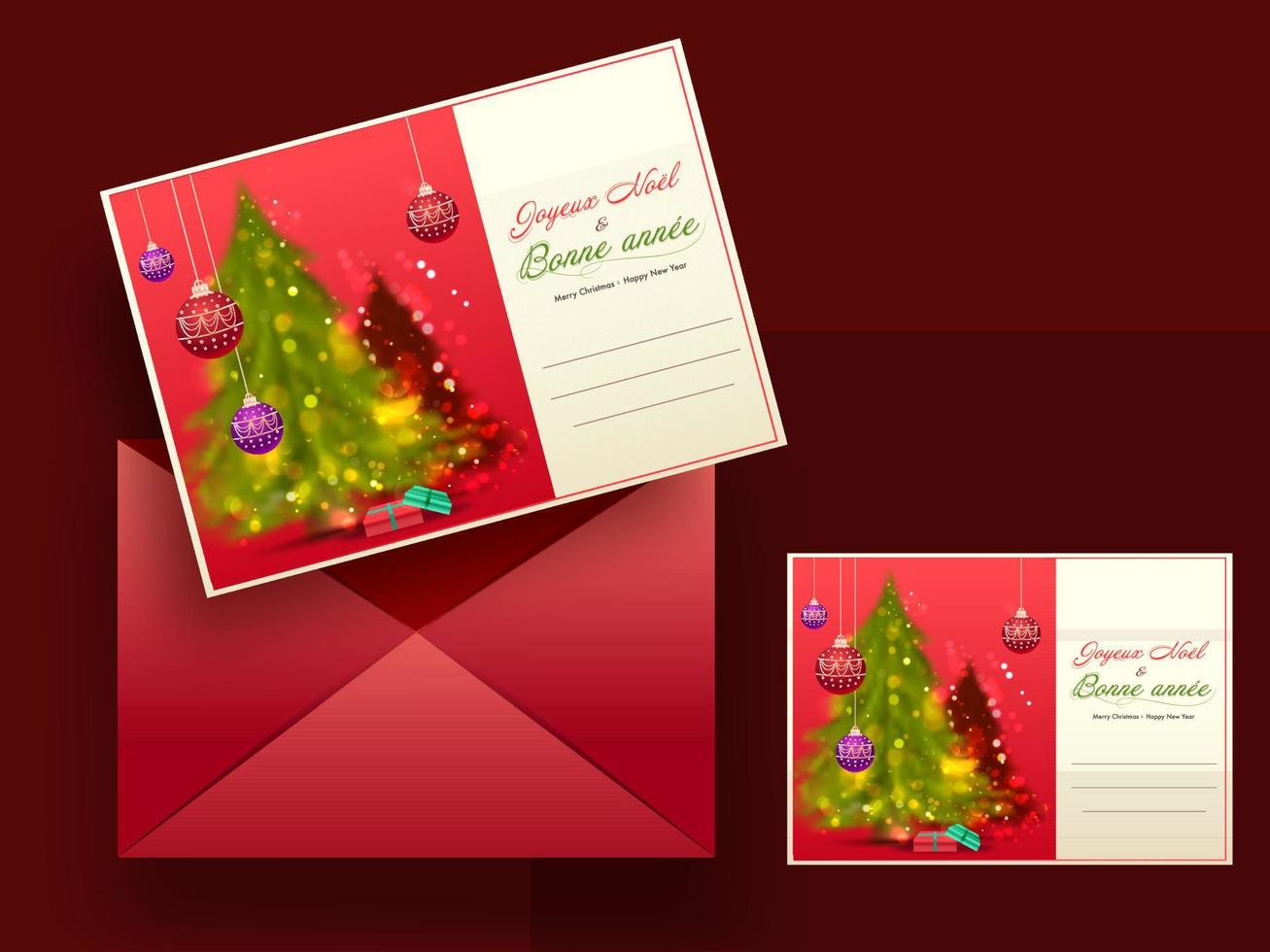 Merry Christmas Happy New Year Greeting Cards In French Language With Red Envelope. vector
