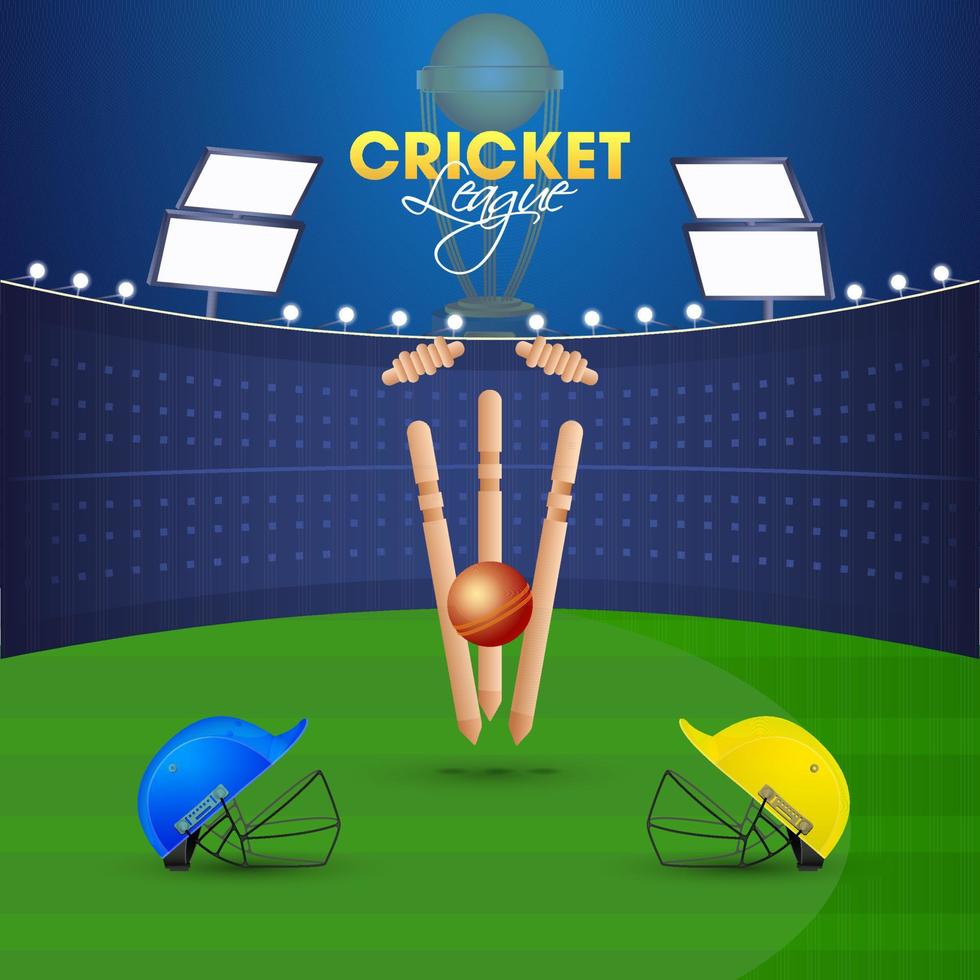 Blue and Yellow Helmet of Participants Team with Ball Hitting Wicket Stump on Stadium Background for Cricket League. vector