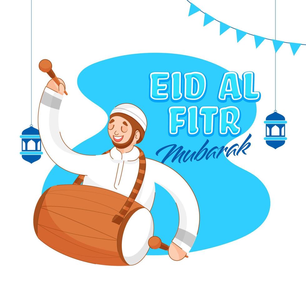 Eid Al Fitr Mubarak Font with Happiness Muslim Man Beating Drum and Hanging Arabic Lanterns on Abstract Background. vector