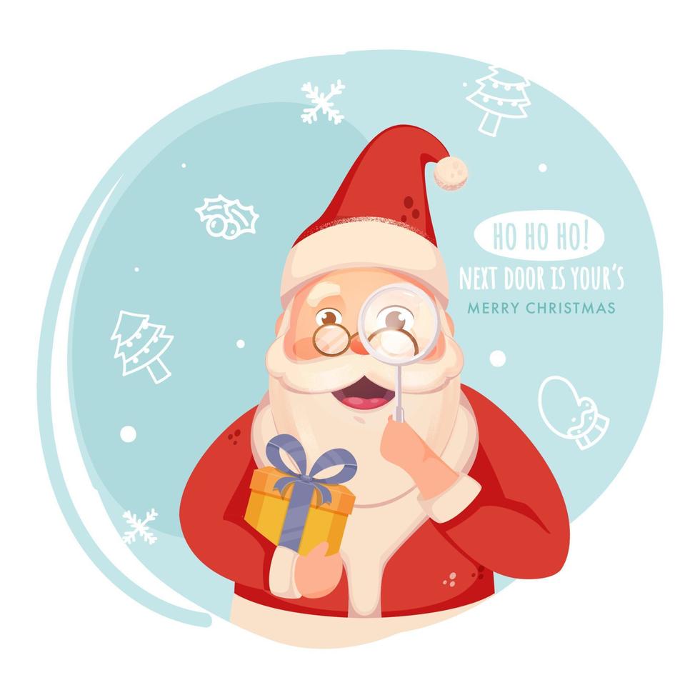 Cheerful Santa Claus Holding Gift Box with Magnifying Glass on Blue and White Background for Merry Christmas Festival. vector