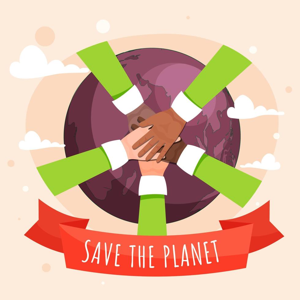 Illustration of People Together Protecting Earth Globe on Beige Background for Save The Planet Concept. vector