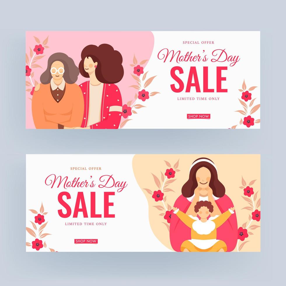 Mother's Day Sale Header or Banner Design with Mother and Daughter Character in Two Option. vector