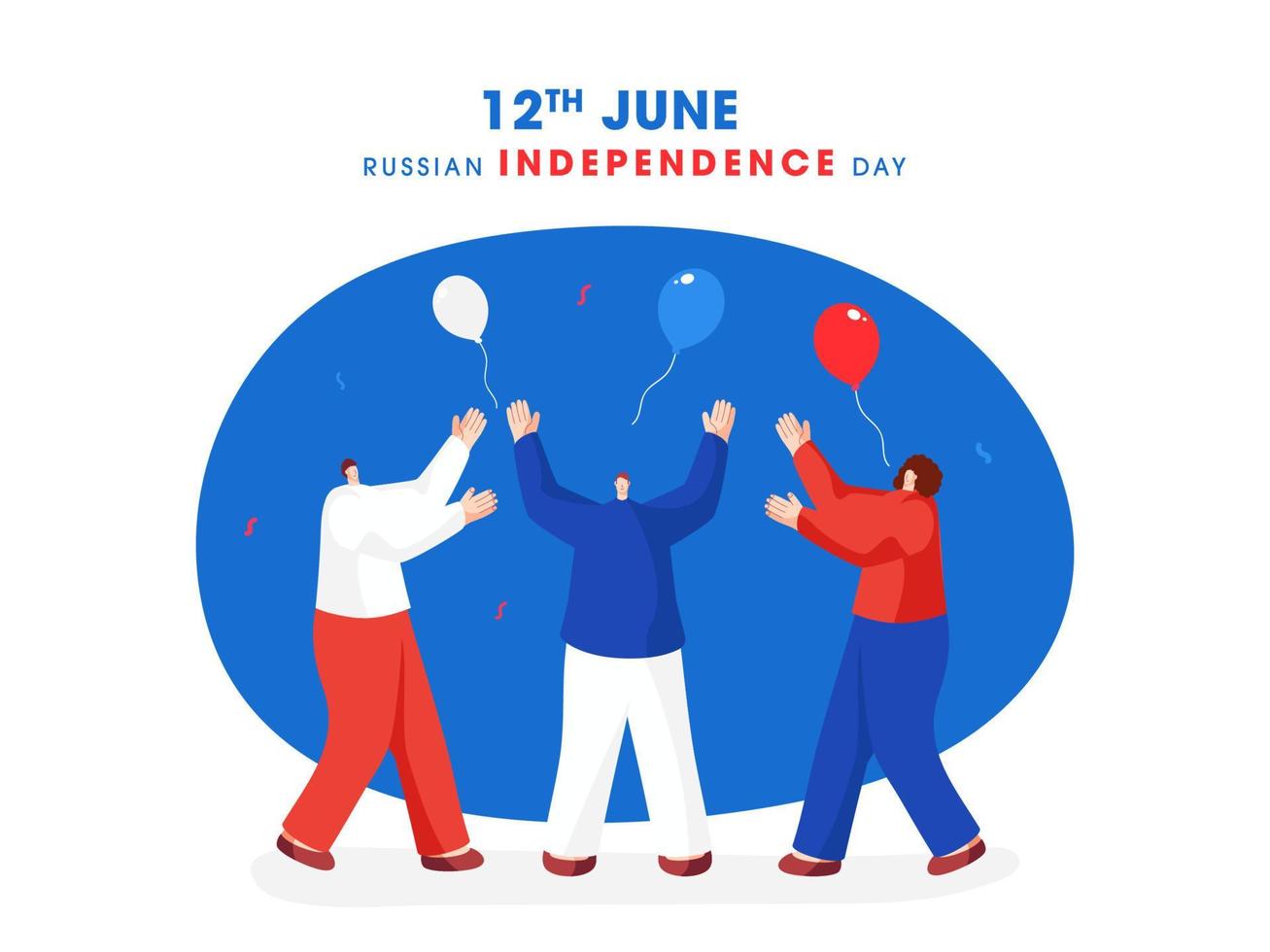 personaje de personas disfrutando o celebrando con tricolor globos para 12mo junio contento Rusia independencia día. vector
