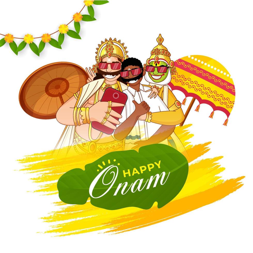 contento onam fuente en plátano hoja con Rey mahabali, Kathakali bailarín, sur indio hombre selfie juntos desde teléfono inteligente y amarillo cepillo carrera efecto en blanco antecedentes. vector