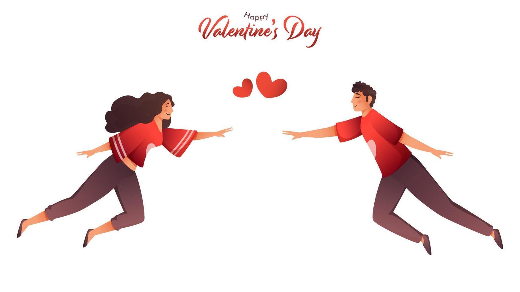 Young couple move towards while flying to each other on white background for Happy Valentine's Day Celebration. vector