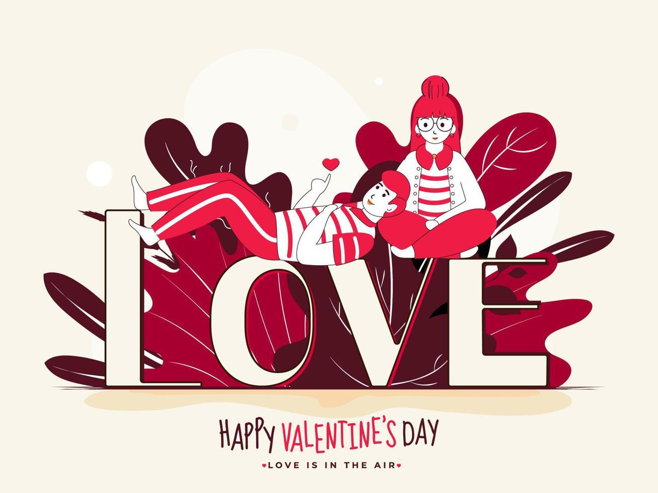 Young Girl with Boy Lying Down Showing Heart from Hand on Love Font for Happy Valentines Day Concept. vector