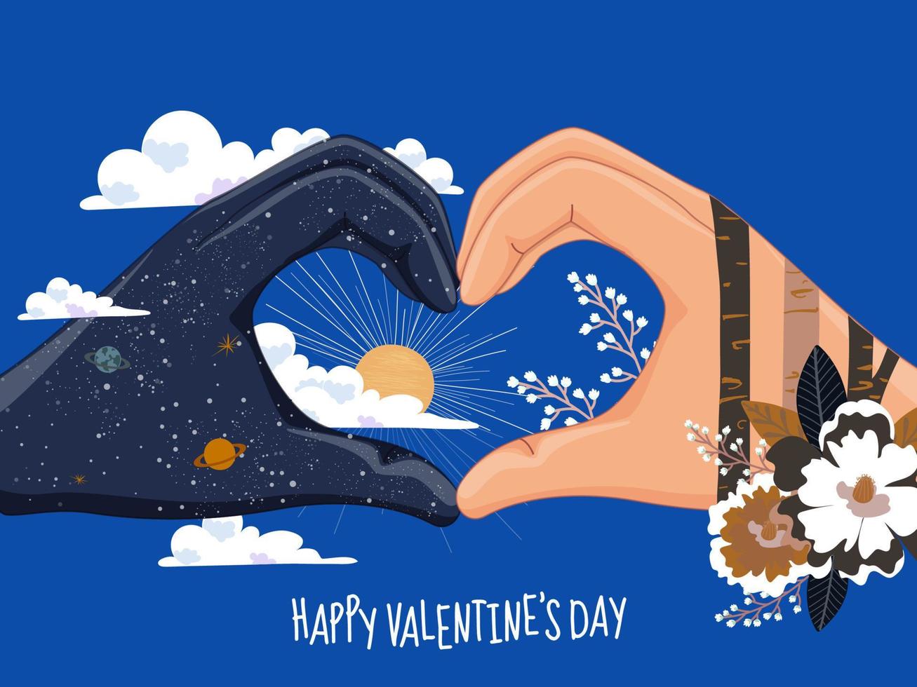 Pareja manos haciendo corazón forma con sol, nubes y flores en azul antecedentes para contento San Valentín día concepto. vector