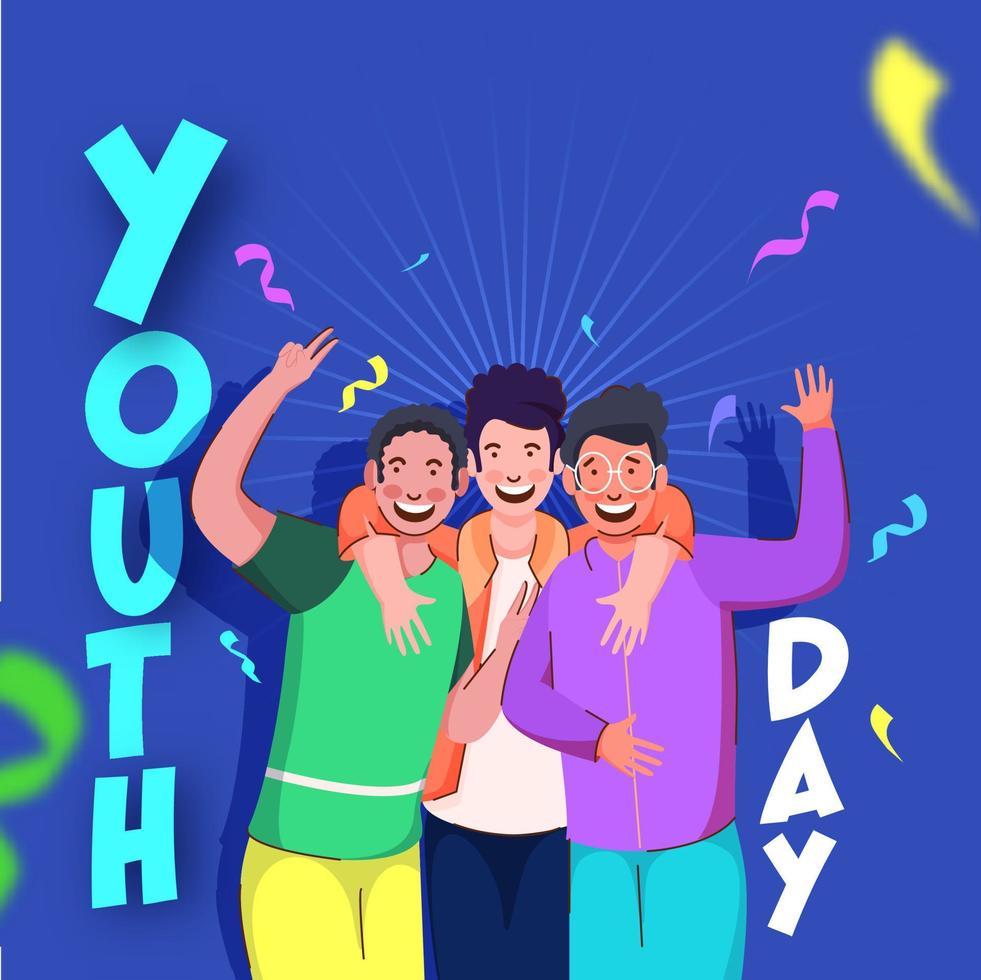 Youth Day Text With Cheerful Young Boys In Selfie Action On Blue Background Decorated Confetti. vector