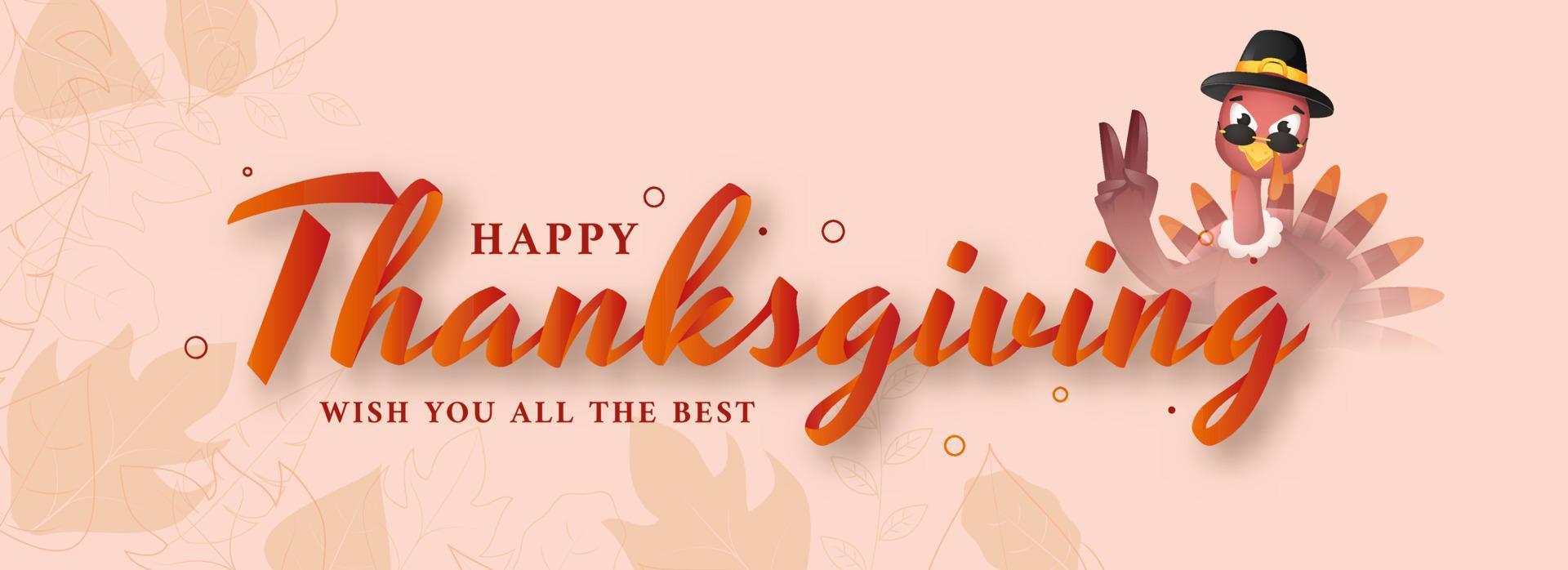 Happy Thanksgiving Wish You All The Best Text with Cartoon Turkey Bird Wear Pilgrim Hat on Pastel Pink Background. vector