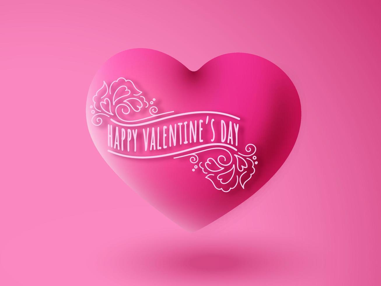 contento San Valentín día texto en 3d rosado corazón y lustroso antecedentes. vector