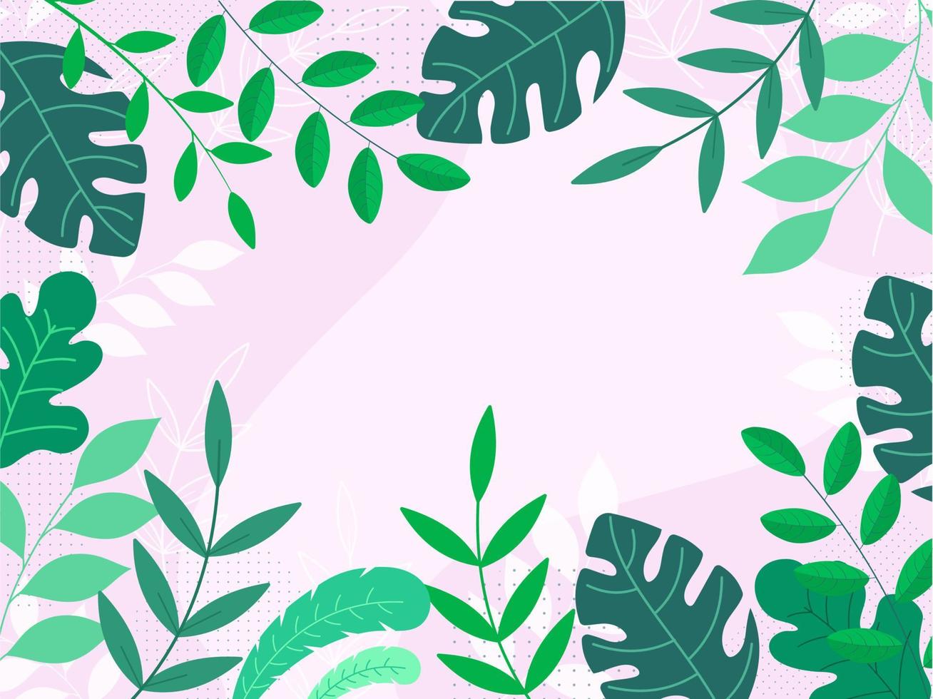 Pastel Pink Background Border Decorated with Green Leaves. vector