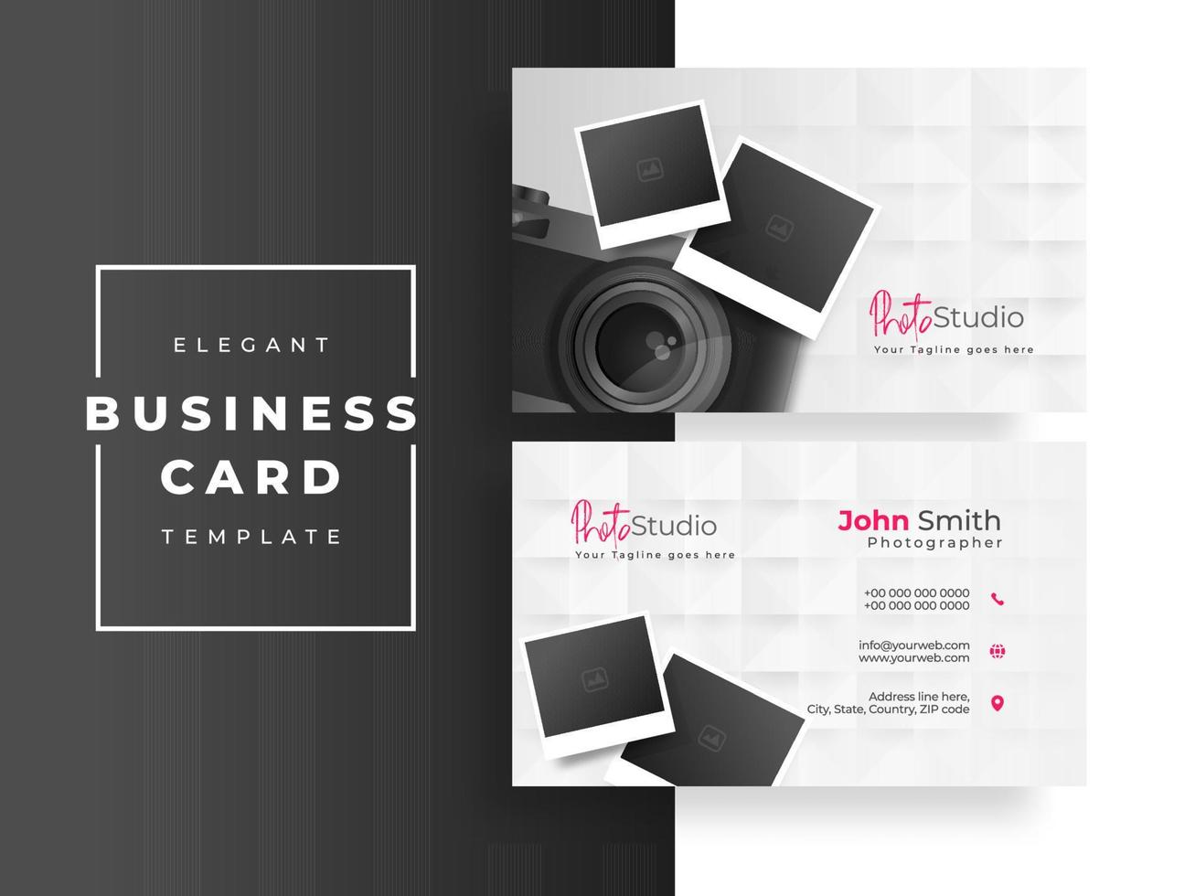 Photo Studio business card or visiting card design with camera and photographs on white seamless square pattern background. vector