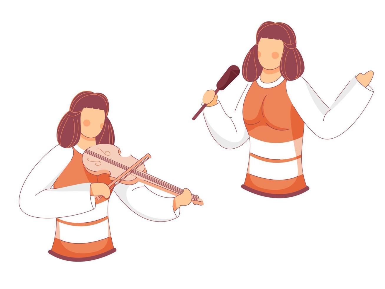 Cartoon Young Girls Singer and Guitarist on White Background. vector