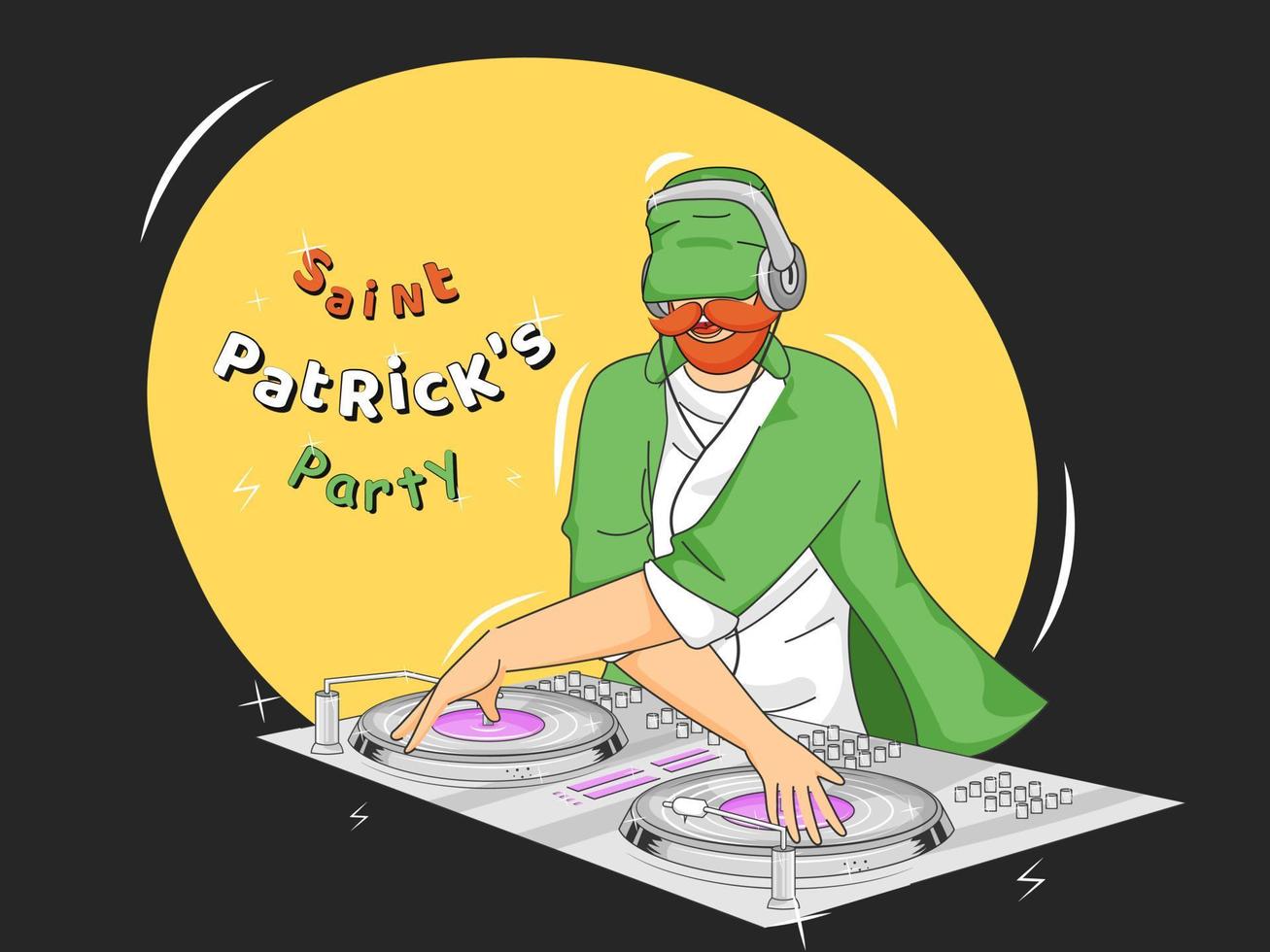 duende hombre jugando DJ placa giratoria en amarillo y gris antecedentes para S t. patrick's fiesta celebracion. vector
