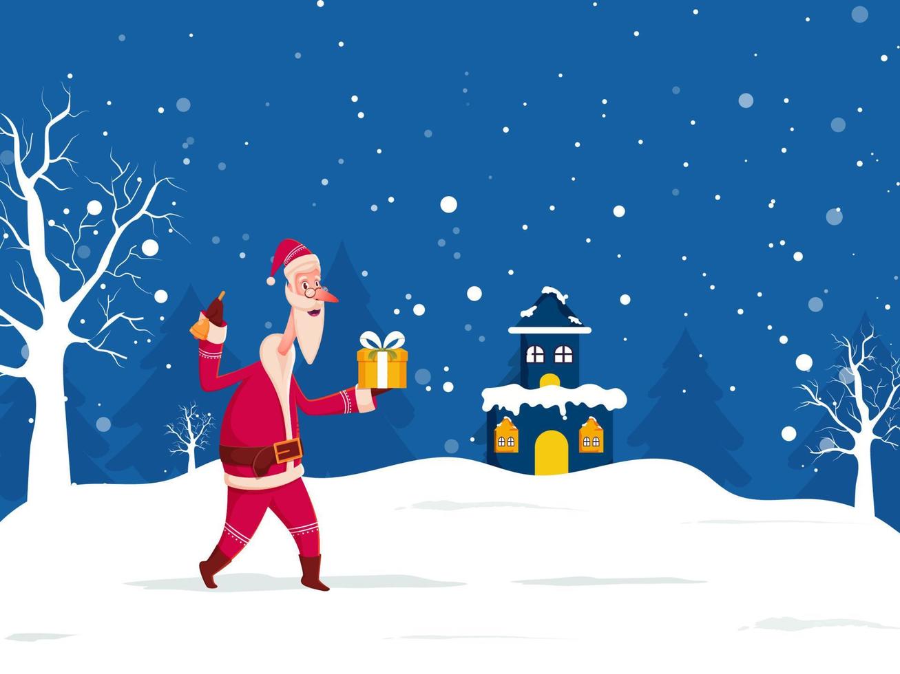 Cheerful Santa Claus Holding a Gift Box with Bell, Bare Trees and House Illustration on Snow Falling Blue and White Background. vector