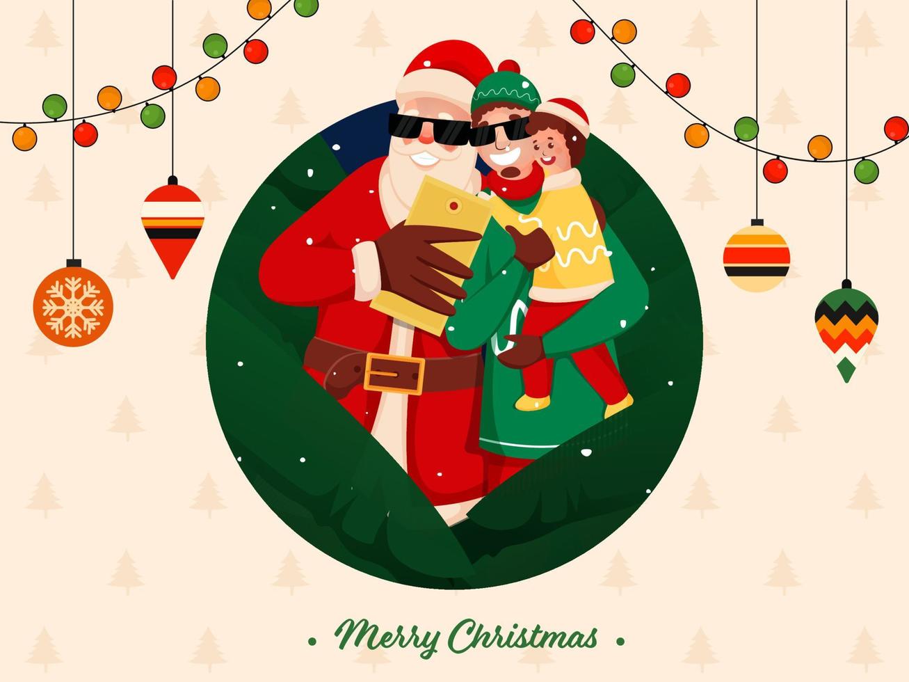 alegre Papa Noel claus tomando selfie con dibujos animados hombre participación su hijo y colgando adornos en Navidad árbol modelo antecedentes para alegre Navidad. vector