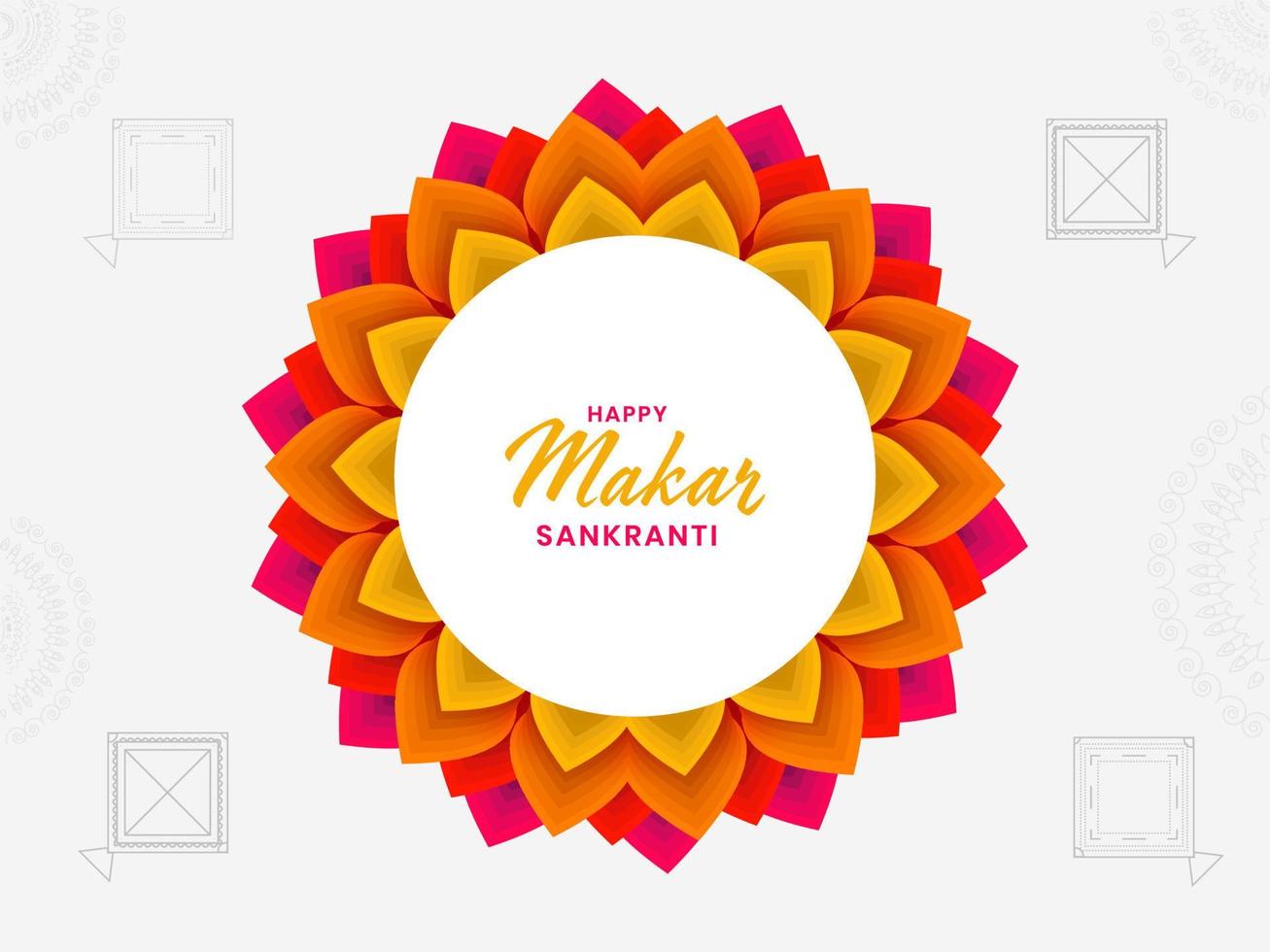 Happy Makar Sankranti Font On Mandala or Floral Frame With Line Art Kites Illustration. vector
