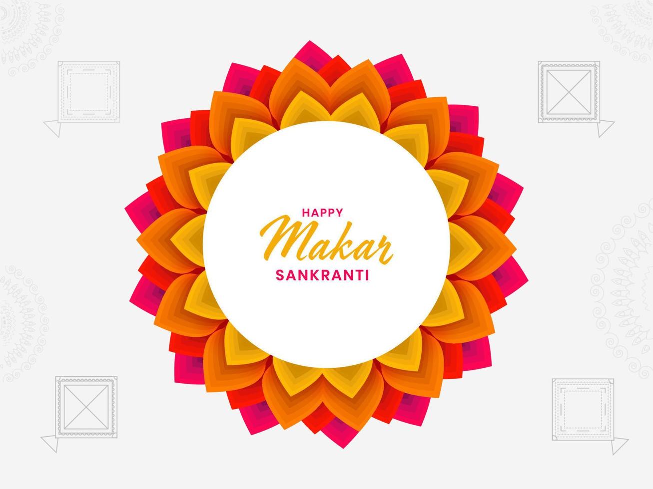 contento makar sankranti fuente en mandala o floral marco con línea Arte cometas ilustración. vector