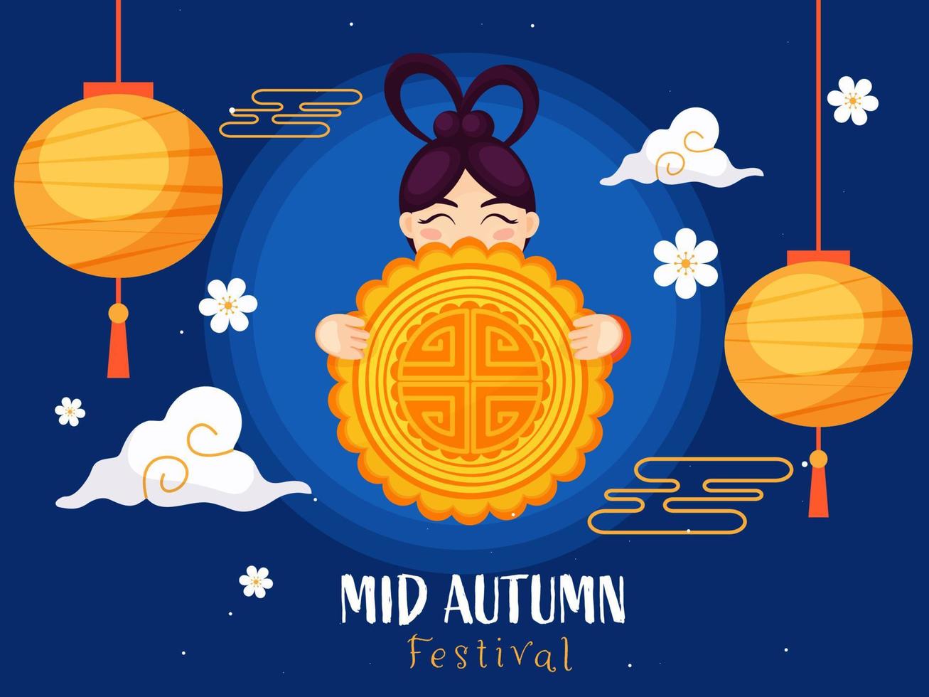 medio otoño festival póster diseño con chino niña participación un Pastel de luna, flores, nubes y colgando linternas decorado en azul antecedentes. vector