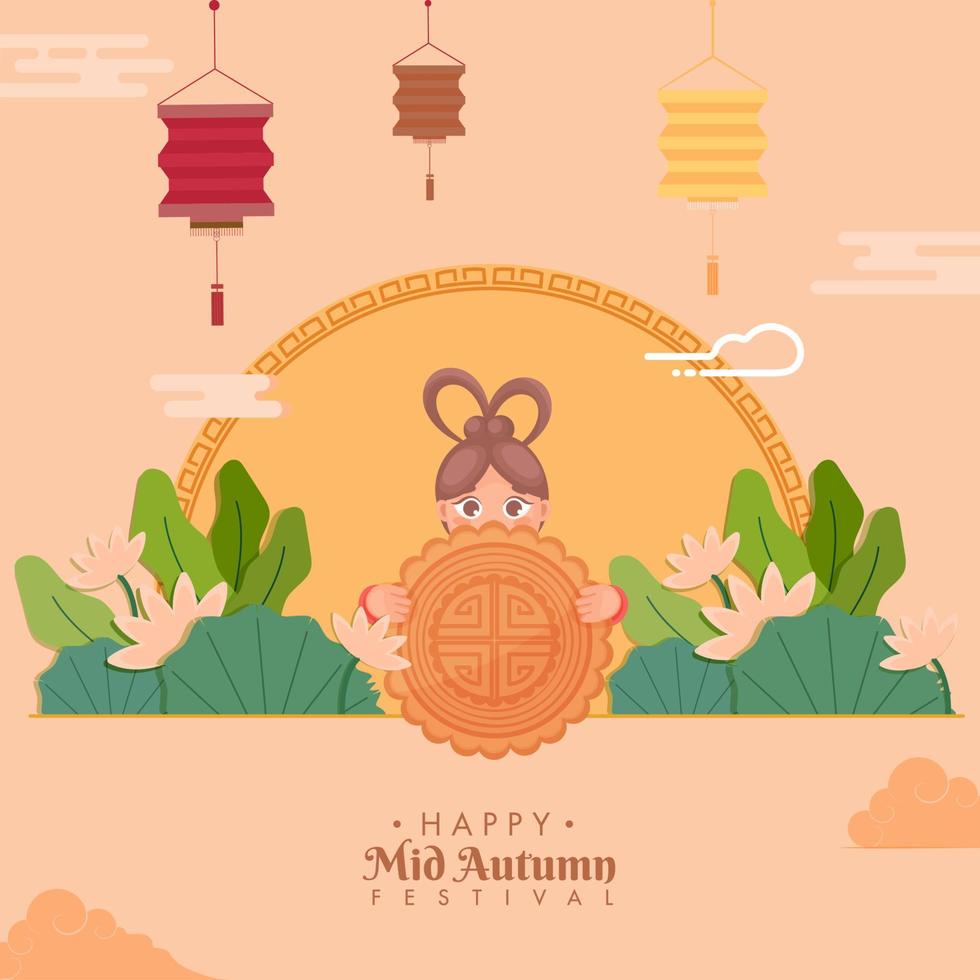 Chinese Girl Holding a Mooncake with Paper Cut Leaves and Hanging Lanterns Decorated on Light Orange Background for Happy Mid Autumn Festival. vector