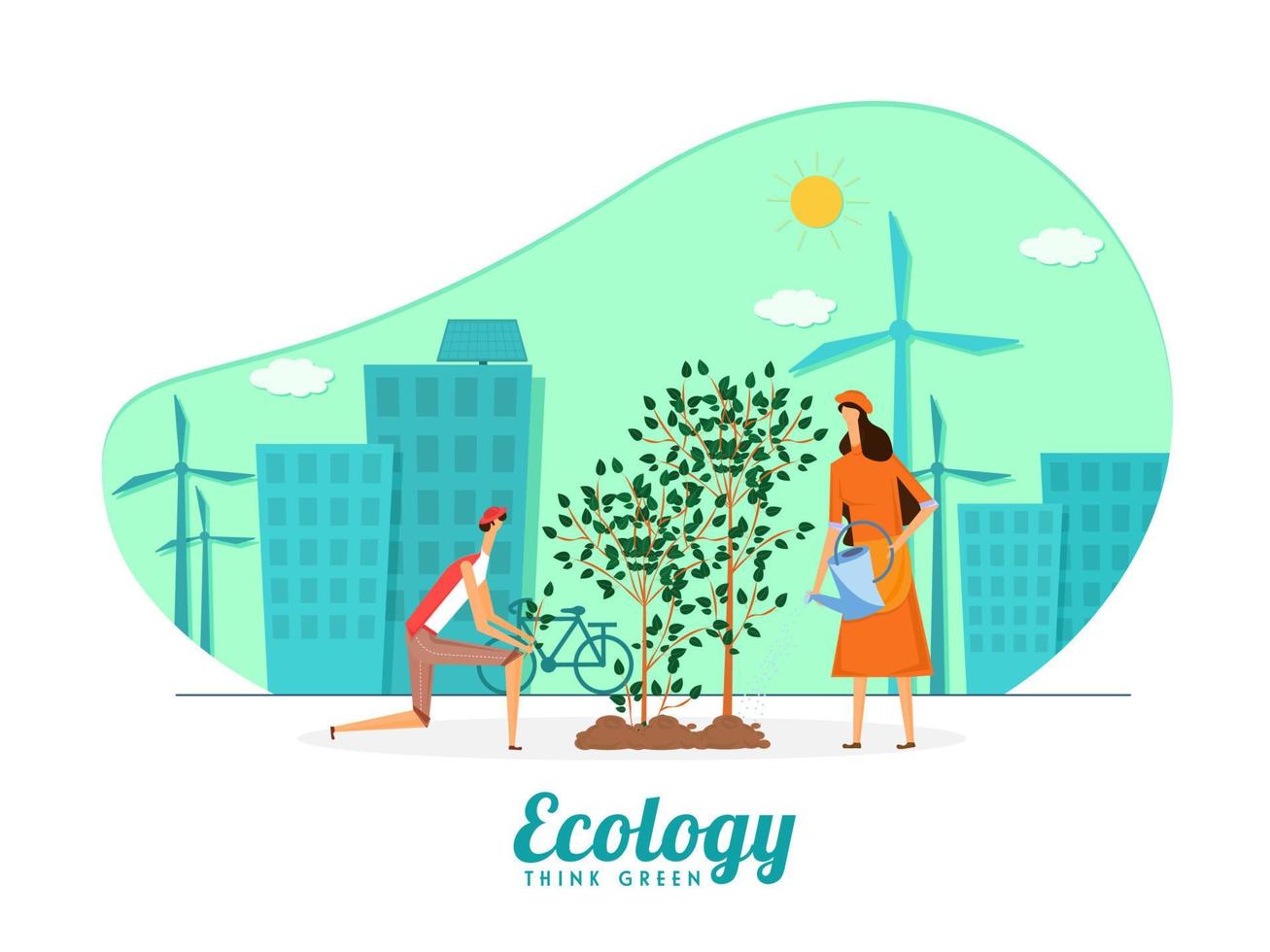Cartoon Man and Woman Planting on Green City Background for Ecology Think Green Concept. vector