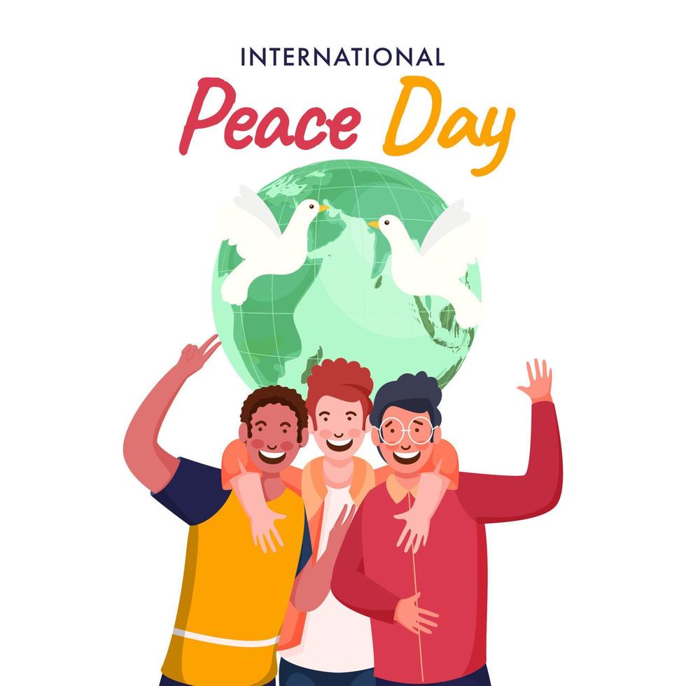 Cheerful Young Boys Group in Photo Capturing Pose with Earth Globe and Flying Doves on White Background for International Peace Day. vector