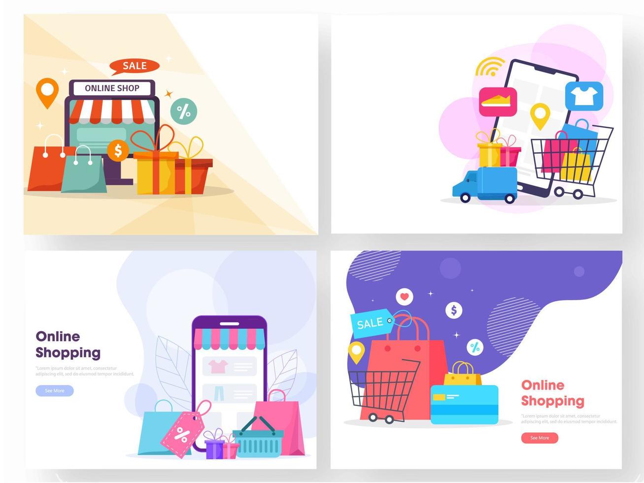 en línea compras concepto establecido web modelo conjunto con escritorio, teléfono inteligente, llevar bolsas, regalo cajas, ubicación pista, entrega camión y pago tarjeta. vector